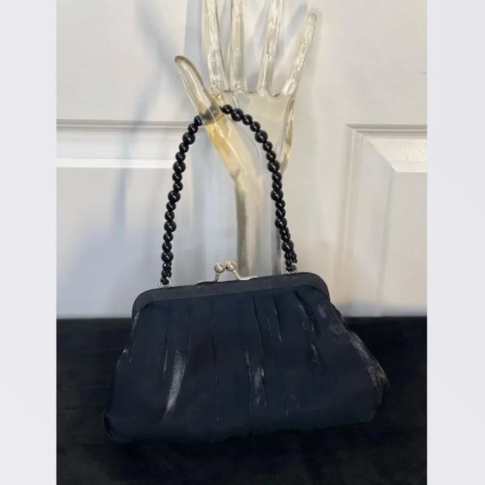 La Regale Black Satin Ruched Evening Bag with Beaded Handle & Kissing Lock Snap